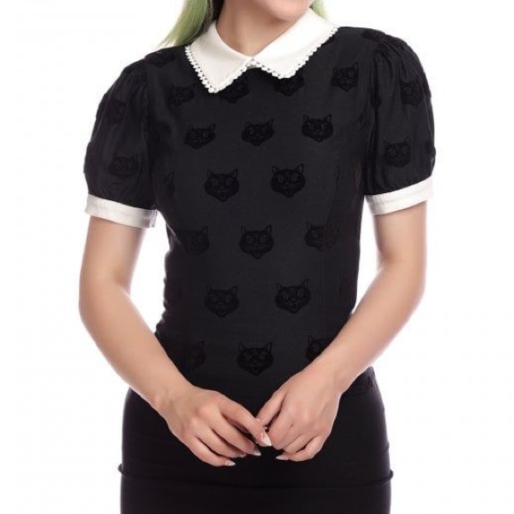 Modcloth Black Velvet Cat Jacquard Blouse with White Peter Pan Collar
